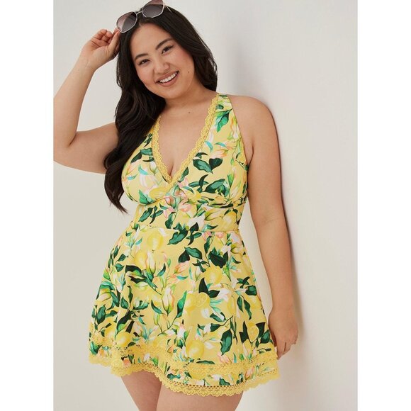 torrid Other - Torrid NWT Wireless Mid Lace Trim UPF Swim Dress in Lemon Leaves Yellow size 2X